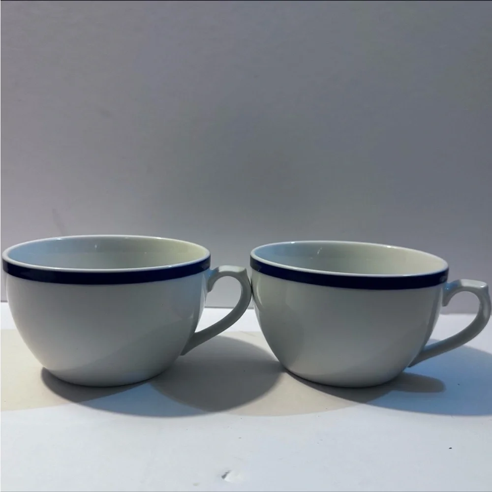 Set of 2 | White Ceramic Williams Sonoma Brasserie Blue Flat Mugs Tea Cups - Picture 3 of 12